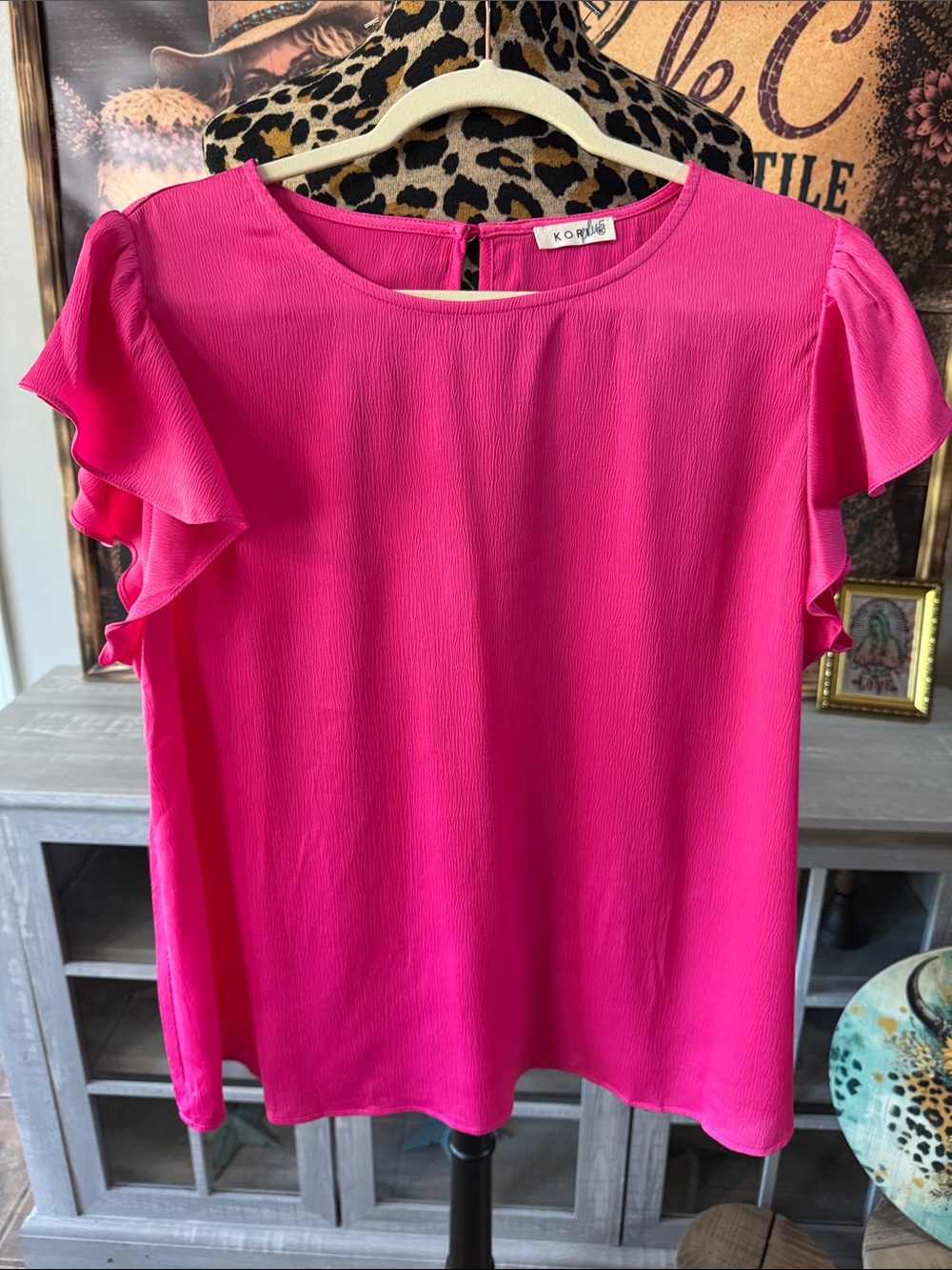 Kori Vibrant Hot Pink Ruffle Sleeve Blouse  Sz XL